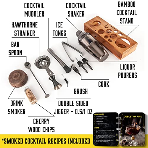 Bartender Kit with Whiskey Smoker - 13 pcs, Pine Stand - Bar Set with Cocktail Shaker, Bartending Kit with Essential Bar Accessory Tools, Wood Chips, Matte