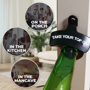 Bottle Opener Wall Mounted - Take Your Top Off Design Bottle Opener - Cool &Funny Beer Opener - Perfect for Men, Your Dad or Boyfriend & Beer Lovers - Durable Black Wall Mounted Beer Accessories