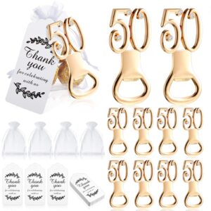 50 pieces golden bottle opener set birthday party favor opener with white sheer organza bags thank you tags birthday wedding anniversaries souvenirs favors decorations for guests(50th)