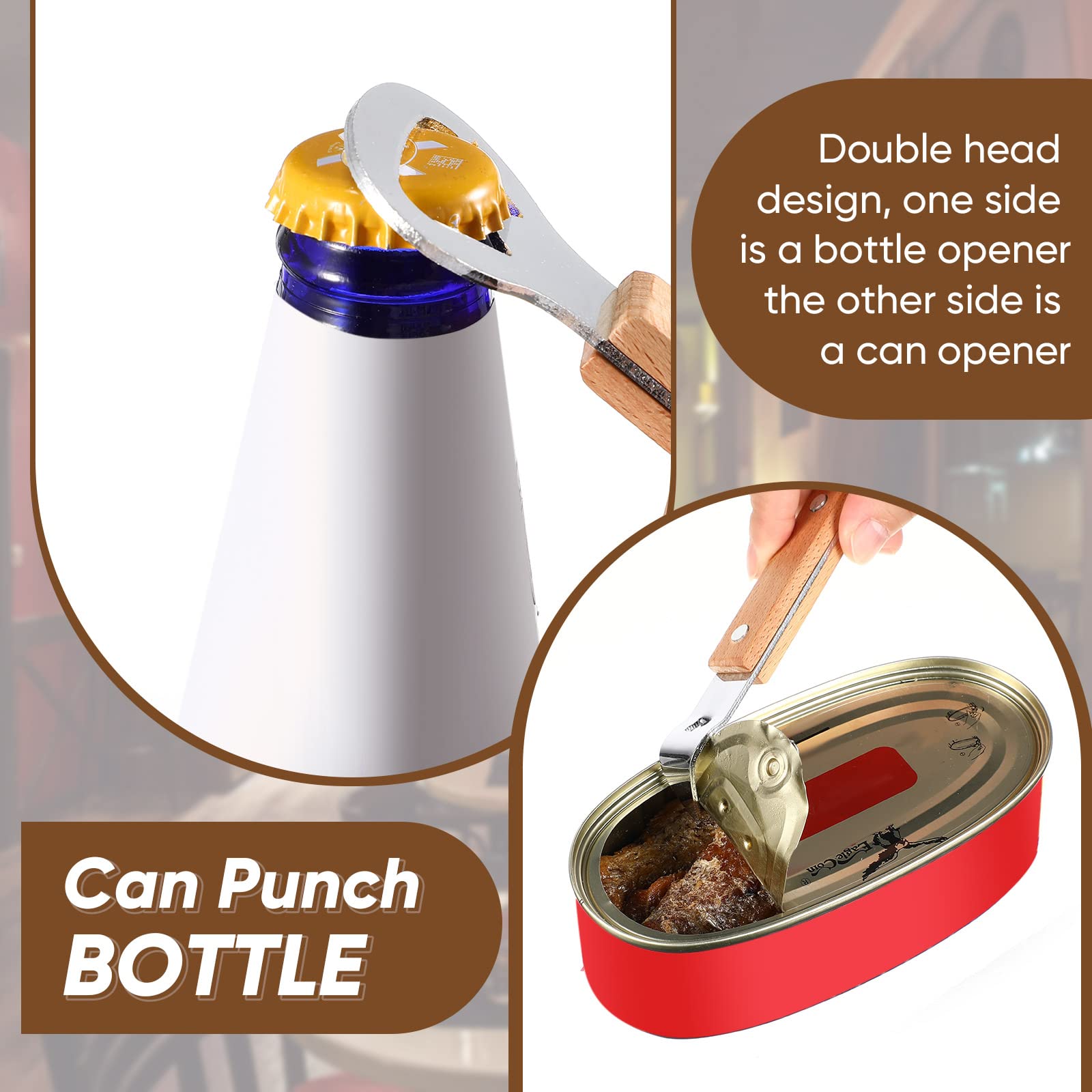 2 Pieces Magnetic Bottle and Can Openers with Wood Handle, Magnet Stainless Steel Can Punch Tappers for Beers Beverages Cans Beverages, Suitable for Camping and Traveling