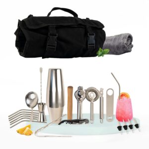 professional bartender kit and cocktail shaker 27 piece kit - bar accessories - mixology bartender kit, barware kit including wooden muddler, jigger, strainers and martini tool, canvas carrying bag