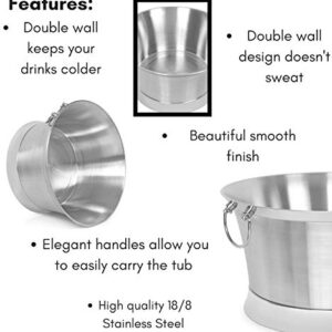 BirdRock Home Double Wall Round Beverage Tub - Stainless Steel - Ice Bucket - Metal Decorative Drink Cooler - House Party - Handles Small Container - Large