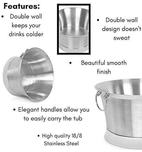 BirdRock Home Double Wall Round Beverage Tub - Stainless Steel - Ice Bucket - Metal Decorative Drink Cooler - House Party - Handles Small Container - Large