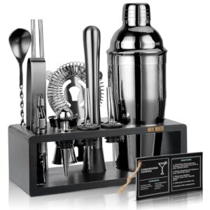 black stainless steel cocktail shaker set with wood stand - 15 piece bartender kit with drink shaker, bar spoon, jigger, muddler, strainer, bottle opener, stopper, pour spout, stirrers, tongs, recipes