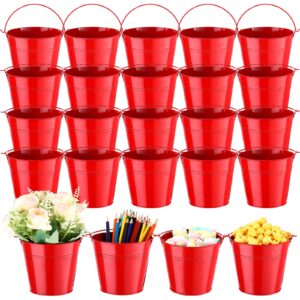 24 pcs metal bucket 5 x 3.5 x 4.7 inch mini party buckets for flower pot plant basket iron small metallic pails with handle for toy container candy snack crafts vase party favors (red)