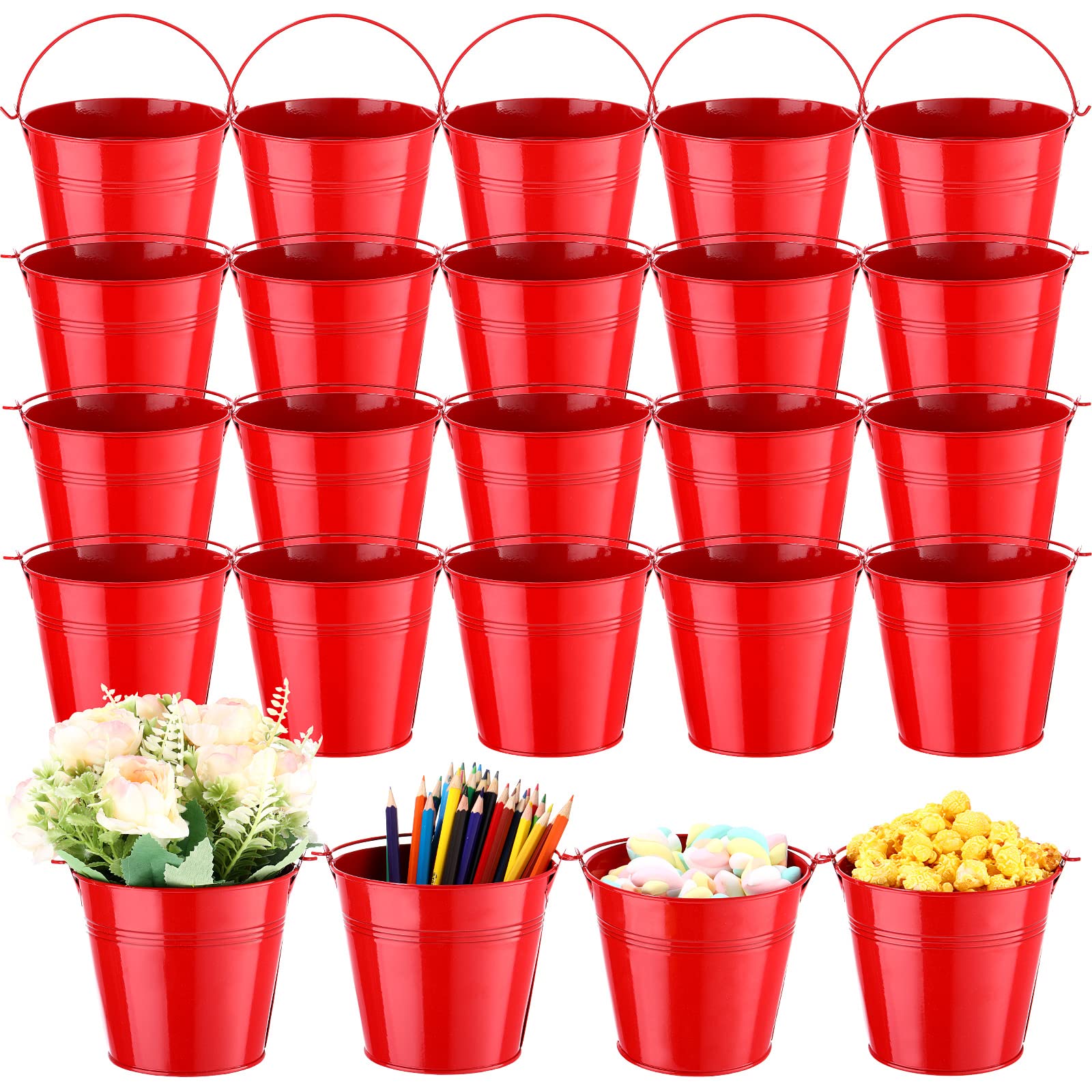 24 Pcs Metal Bucket 5 x 3.5 x 4.7 Inch Mini Party Buckets for Flower Pot Plant Basket Iron Small Metallic Pails with Handle for Toy Container Candy Snack Crafts Vase Party Favors (Red)