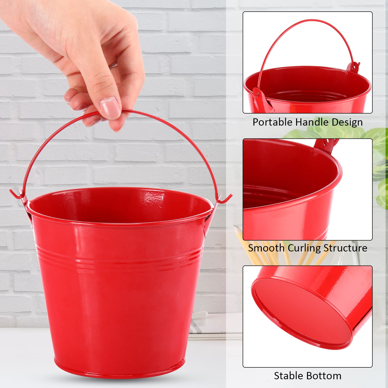 24 Pcs Metal Bucket 5 x 3.5 x 4.7 Inch Mini Party Buckets for Flower Pot Plant Basket Iron Small Metallic Pails with Handle for Toy Container Candy Snack Crafts Vase Party Favors (Red)