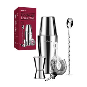 Cocktail Shaker, Martini Shaker, Drink Shaker, Cocktail Shaker Set 6 Piece, Boston Shaker, Bar Set, Cocktail Strainer, Bar Tools, Bartender Kit, Stainless Steel Double Measuring Jigger, Mixing Spoon