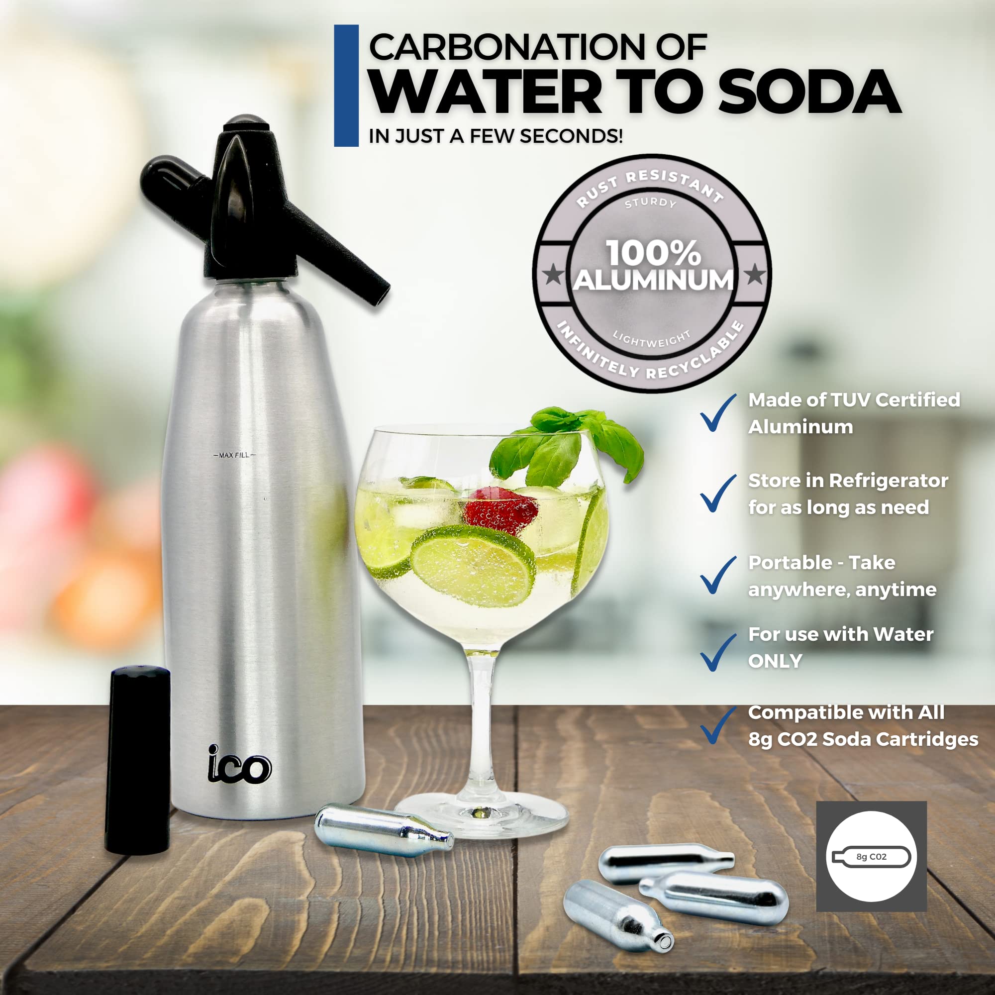 ICO Soda Siphon, Sparkling Water Maker, Soda Maker, Carbonated Water Machine for Fresh Soda Water, Cocktails, Hard Seltzers, Uses 8g C02 cartridges (Not Included), 1L/1 Pint