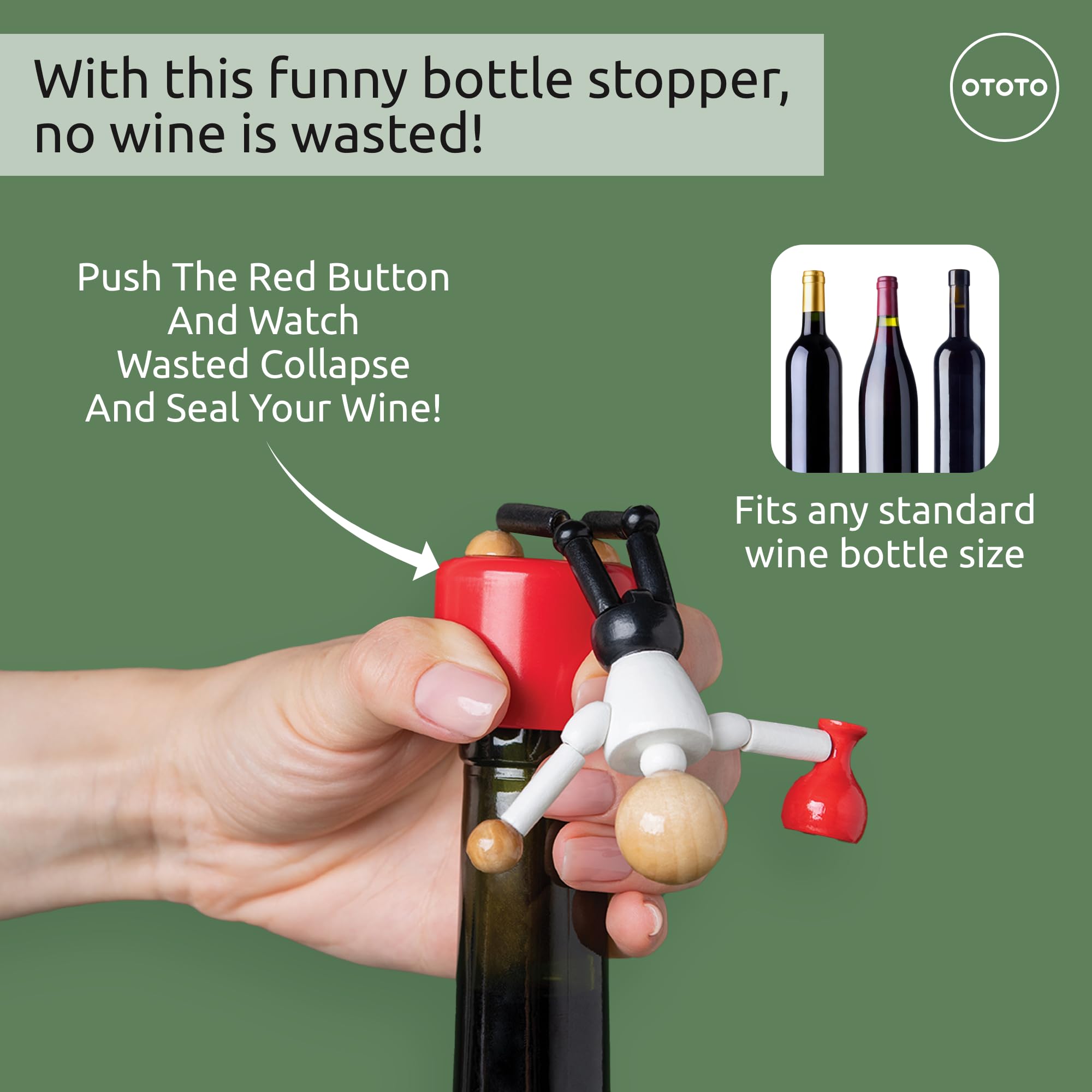 Wasted Wine Stopper by OTOTO - Wine Bottle Stopper, Wine Stoppers for Wine Bottles, Wine Accessories, Wine Bottle Stoppers, Funny Kitchen Gadgets, Fun Wine Stoppers Cute Wine Corks for Wine Bottles