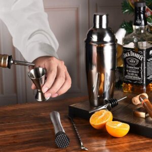 Cocktail Shaker Set Bar Set, Stainless Steel Bartender Kit Mixology Drink Mixer, Bartending Tools Gifts: Martini Shaker 24oz, Muddler, Strainer, Measuring Jigger, Alcohol Pourer, Mixing Spoon