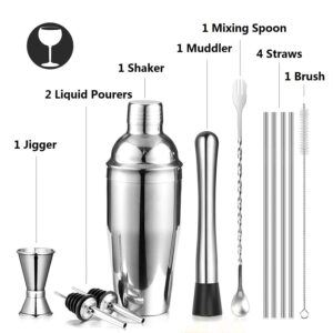 Cocktail Shaker Set Bar Set, Stainless Steel Bartender Kit Mixology Drink Mixer, Bartending Tools Gifts: Martini Shaker 24oz, Muddler, Strainer, Measuring Jigger, Alcohol Pourer, Mixing Spoon