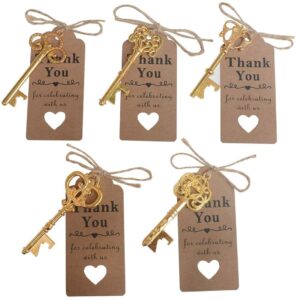 50 pcs gold skeleton key beer bottle opener with 100 pcs thank you card and 98 feet hemp rope for wedding party favors (50pcs gold)