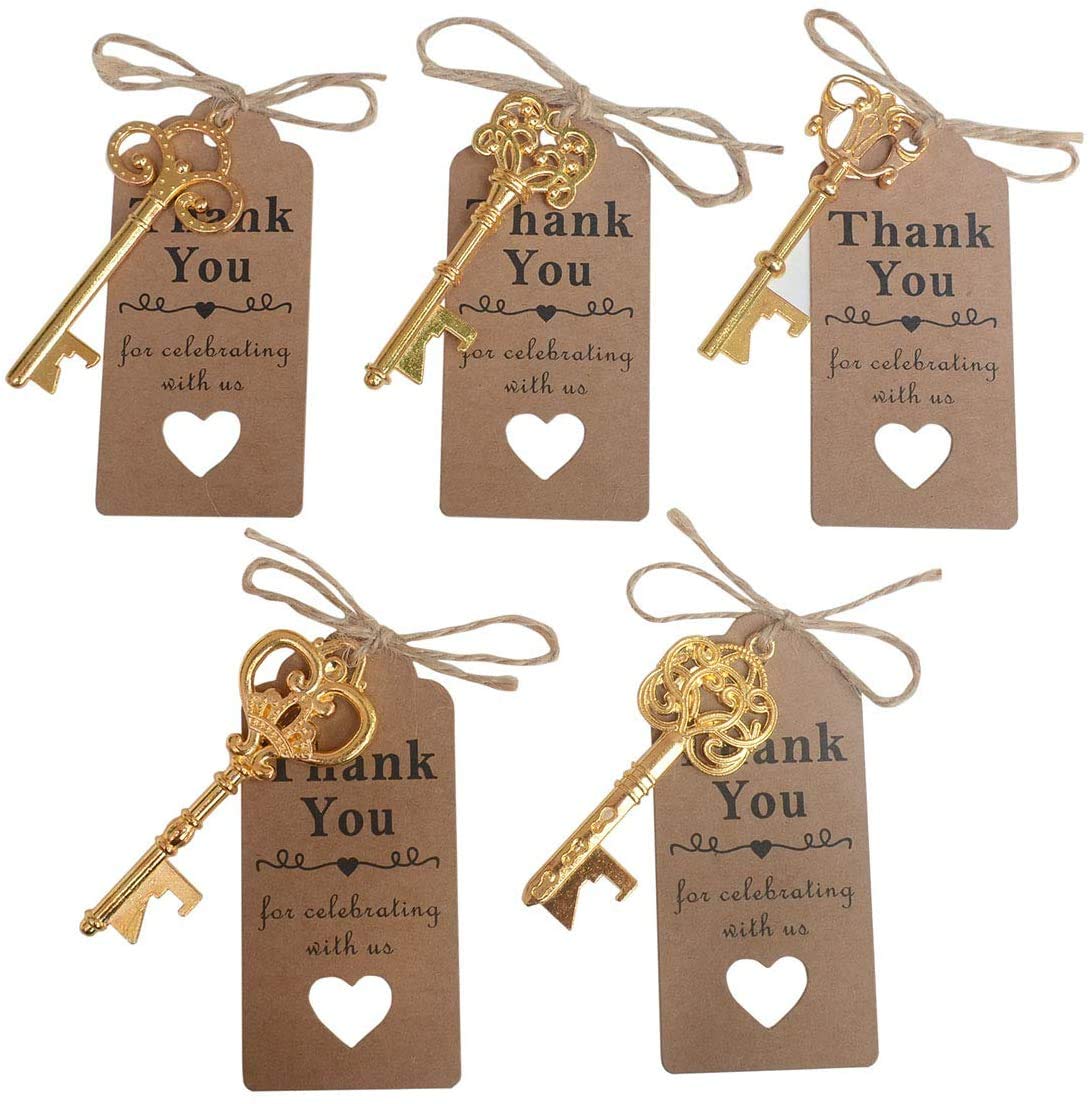 50 Pcs Gold Skeleton Key Beer Bottle Opener With 100 Pcs Thank You Card and 98 Feet Hemp Rope for Wedding Party Favors (50pcs Gold)