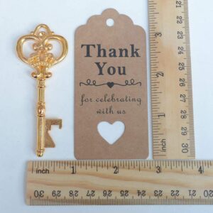 50 Pcs Gold Skeleton Key Beer Bottle Opener With 100 Pcs Thank You Card and 98 Feet Hemp Rope for Wedding Party Favors (50pcs Gold)