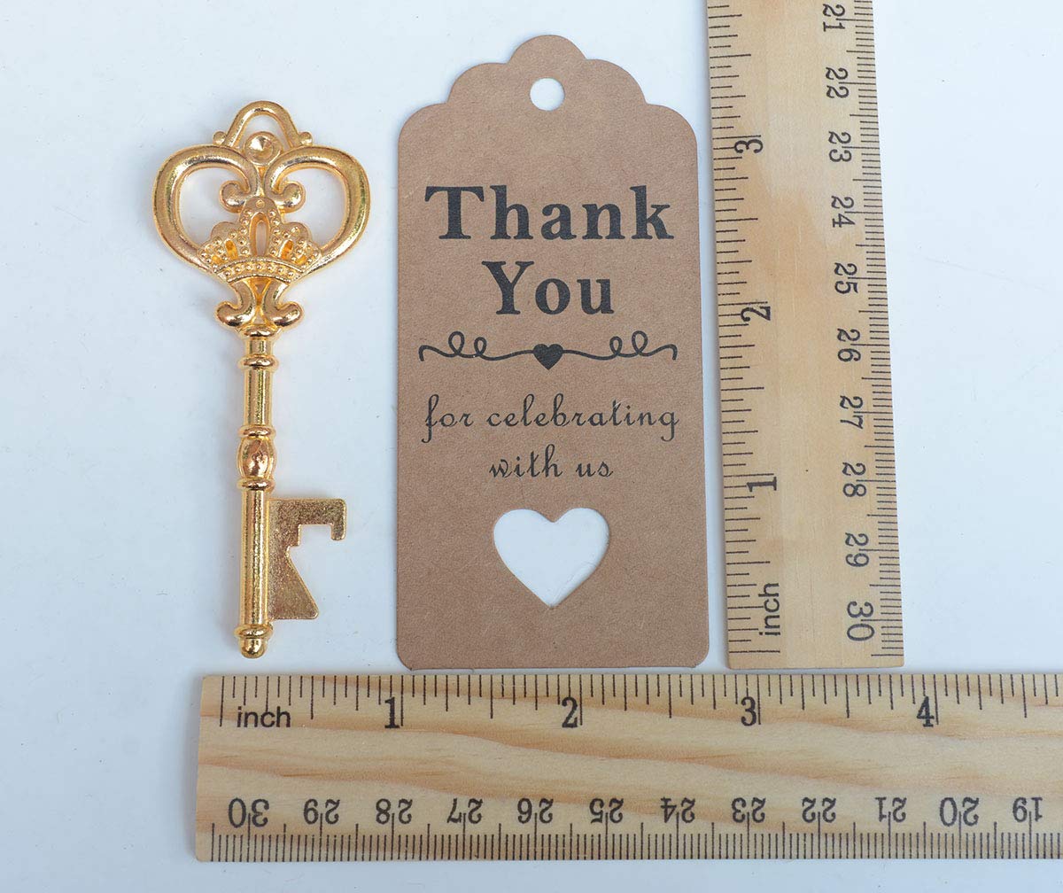 50 Pcs Gold Skeleton Key Beer Bottle Opener With 100 Pcs Thank You Card and 98 Feet Hemp Rope for Wedding Party Favors (50pcs Gold)