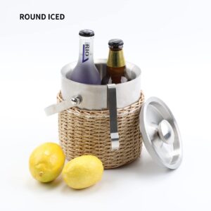 Ice Bucket with Lid, 2 Liter Stainless Steel Insulated Ice Bucket with Wicker Outer Basket Handle Tongs for Party Bar Buffet