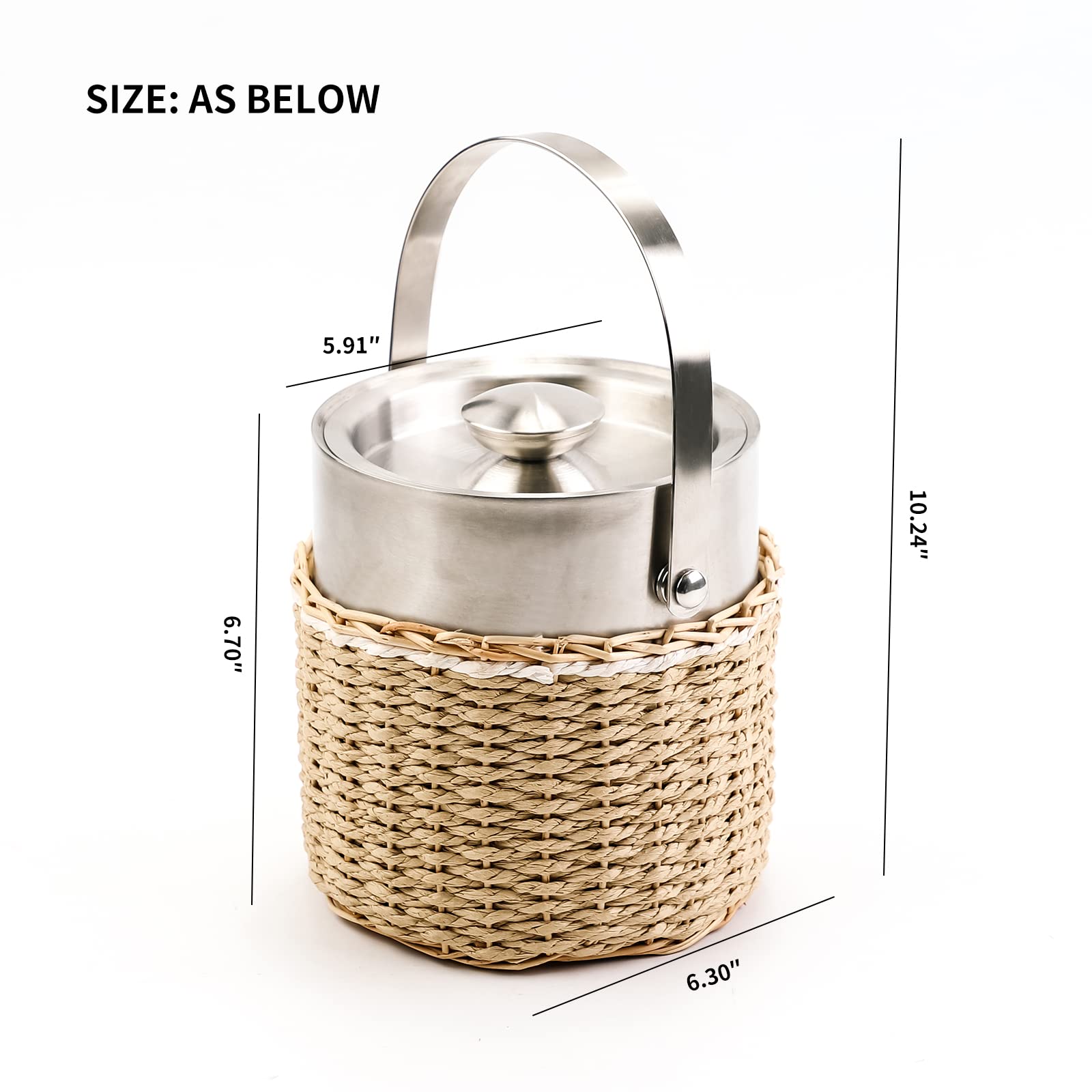 Ice Bucket with Lid, 2 Liter Stainless Steel Insulated Ice Bucket with Wicker Outer Basket Handle Tongs for Party Bar Buffet