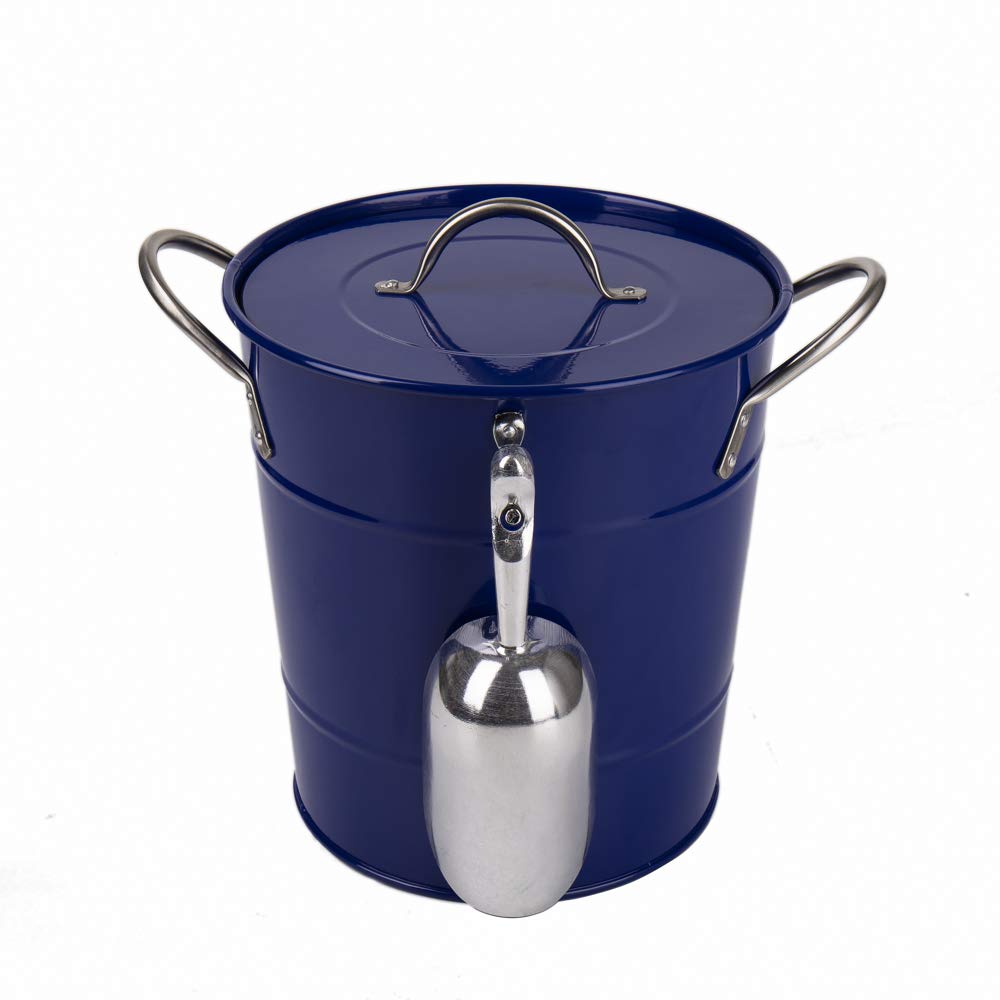 T586 Blue 4L Metal Double Walled Ice Bucket with Lid and Scoop