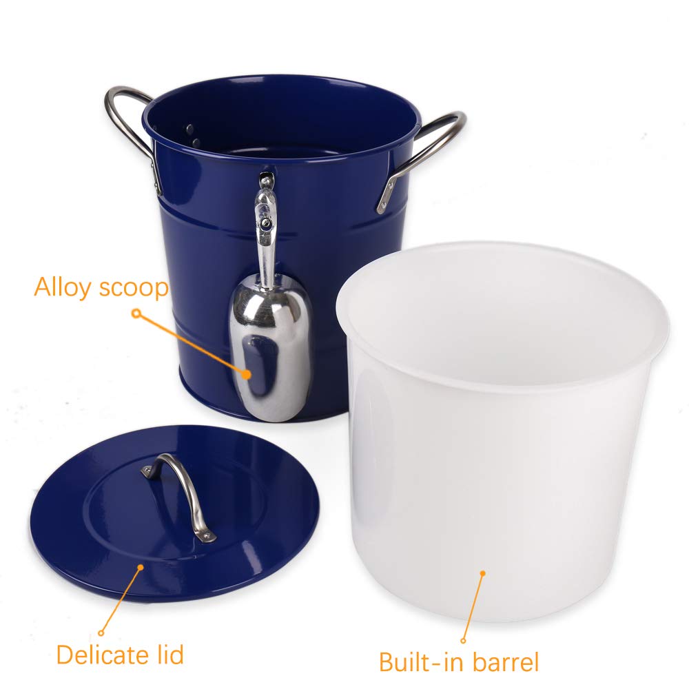 T586 Blue 4L Metal Double Walled Ice Bucket with Lid and Scoop