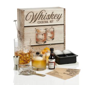 whiskey cocktail kit: rocks drinking glass set, 750ml crystal mixing glass, ice cube mold, stainless bar spoon muddler, strainer, jigger, garnish picks, bitters, recipes cards for old fashioned & more