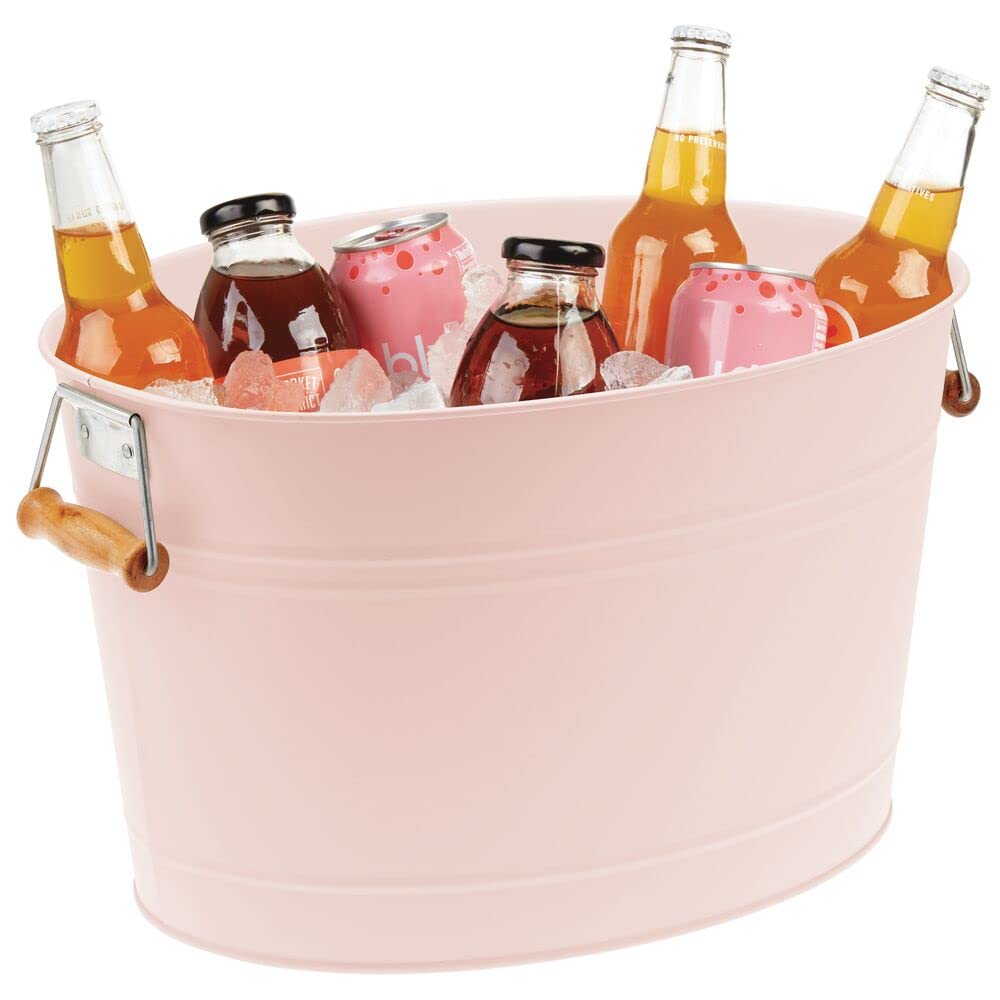 mDesign Large Metal Beverage Tub Oval Cooler for Beer, Wine, Ice, and Drinks - Portable 4.75 Gallon/18 Liter Cold Drink Trough for Parties - Steel Bin Bucket Stand with Bamboo Handles, Light Pink