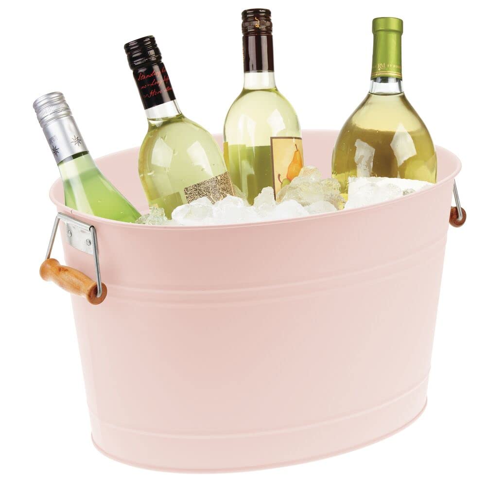 mDesign Large Metal Beverage Tub Oval Cooler for Beer, Wine, Ice, and Drinks - Portable 4.75 Gallon/18 Liter Cold Drink Trough for Parties - Steel Bin Bucket Stand with Bamboo Handles, Light Pink