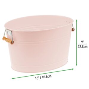 mDesign Large Metal Beverage Tub Oval Cooler for Beer, Wine, Ice, and Drinks - Portable 4.75 Gallon/18 Liter Cold Drink Trough for Parties - Steel Bin Bucket Stand with Bamboo Handles, Light Pink