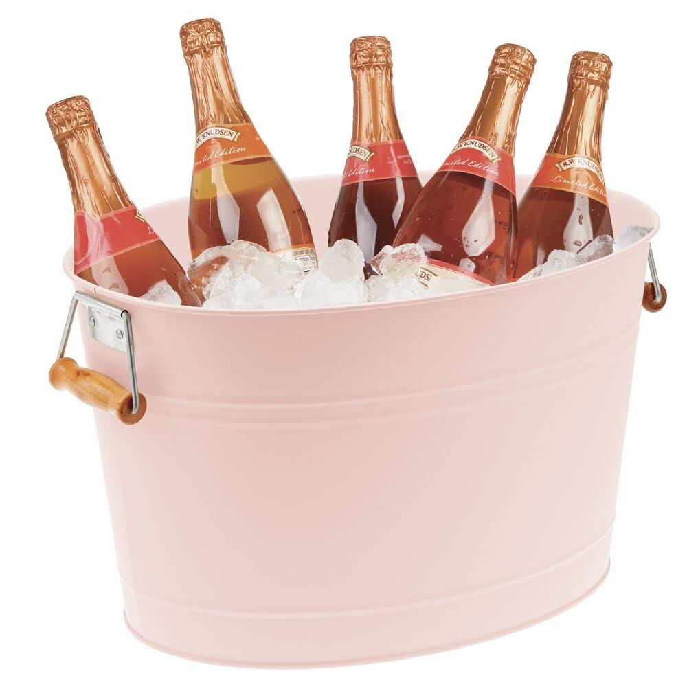 mDesign Large Metal Beverage Tub Oval Cooler for Beer, Wine, Ice, and Drinks - Portable 4.75 Gallon/18 Liter Cold Drink Trough for Parties - Steel Bin Bucket Stand with Bamboo Handles, Light Pink