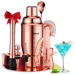 velaze cocktail shaker set, 10 pieces stainless steel bar tools - bottle opener, pour spouts, measuring jigger and wine stopper, champagne martini shaker sets (rose gold)