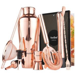 vonshef parisian cocktail shaker barware set in gift box with recipe guide, cocktail strainers, twisted bar spoon, jigger, muddler and pourers, 9 piece set, 17oz (rose gold)