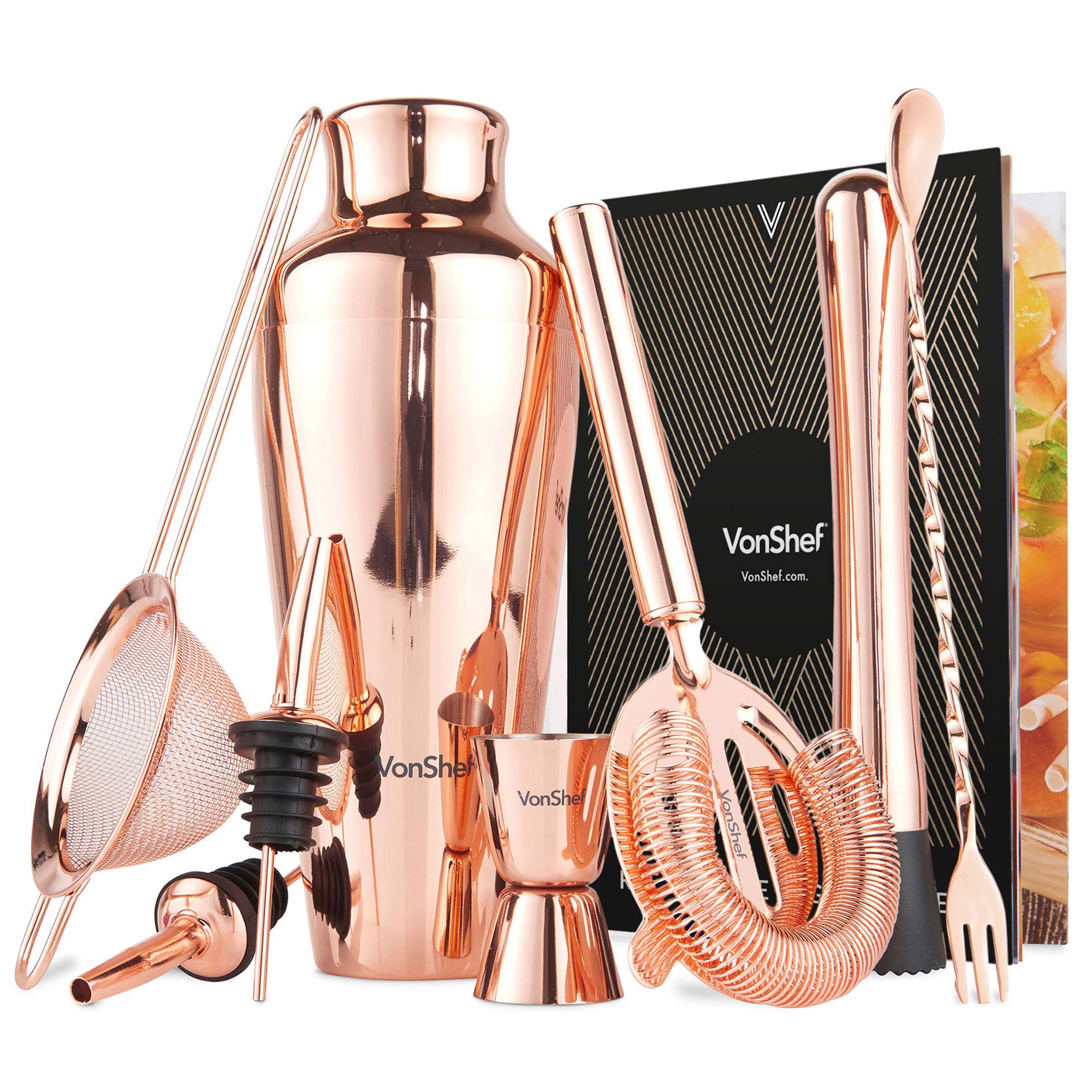 VonShef Parisian Cocktail Shaker Barware Set in Gift Box with Recipe Guide, Cocktail Strainers, Twisted Bar Spoon, Jigger, Muddler and Pourers, 9 Piece Set, 17oz (Rose Gold)