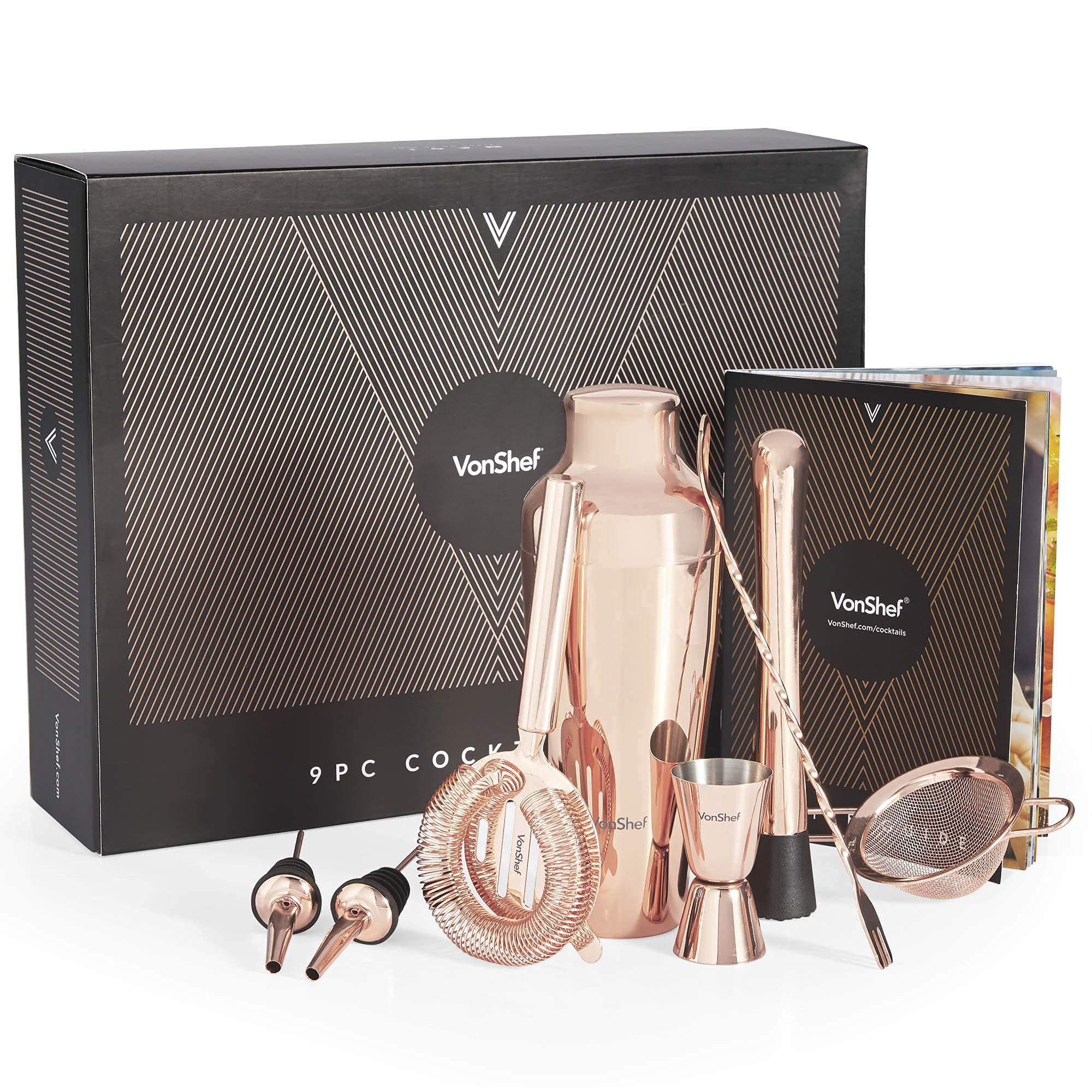 VonShef Parisian Cocktail Shaker Barware Set in Gift Box with Recipe Guide, Cocktail Strainers, Twisted Bar Spoon, Jigger, Muddler and Pourers, 9 Piece Set, 17oz (Rose Gold)