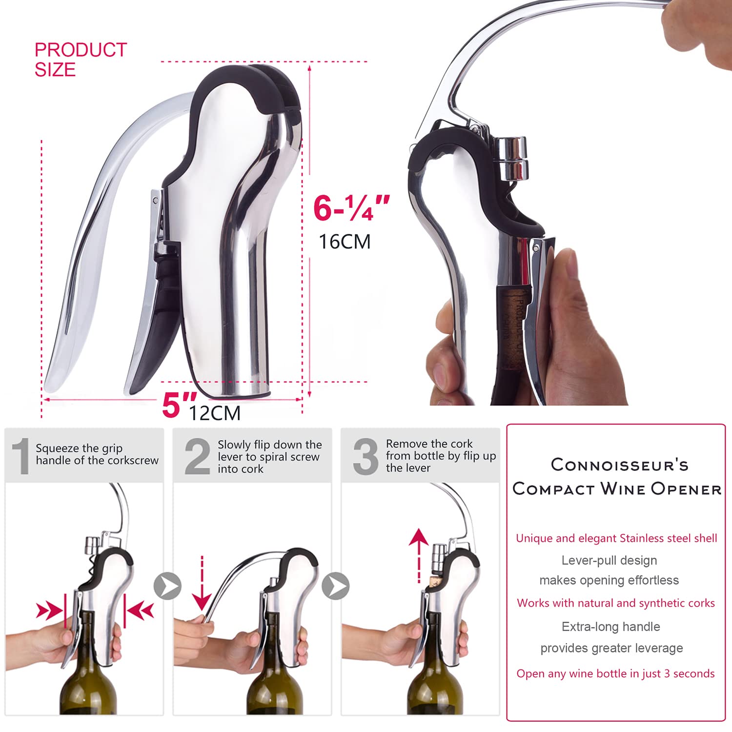 KAYCROWN Stainless Steel Wine Bottle Opener, Vertical Lever Corkscrew with Built-in Foil Cutter Design, Manual Handheld Corkscrew with Ergonomic Lever Pump