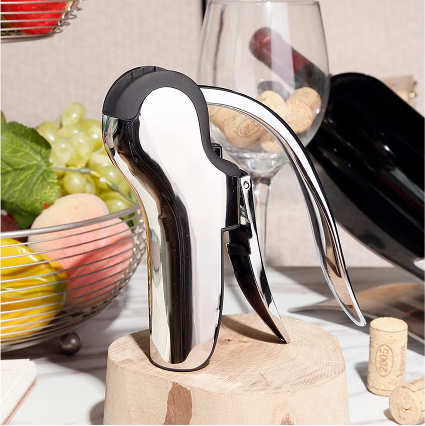 KAYCROWN Stainless Steel Wine Bottle Opener, Vertical Lever Corkscrew with Built-in Foil Cutter Design, Manual Handheld Corkscrew with Ergonomic Lever Pump