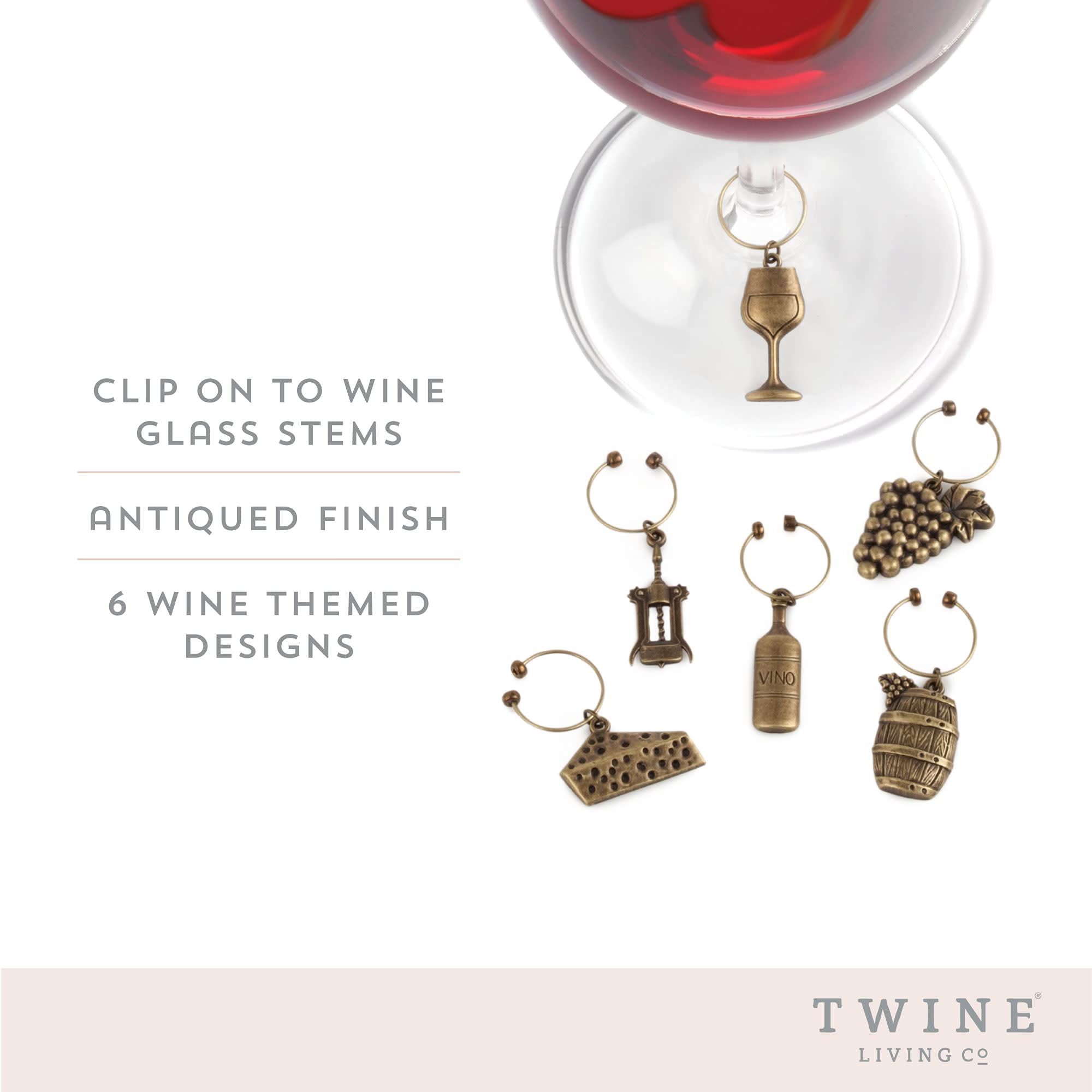 Twine Antiqued Farmhouse Decor Wine Charms, Drink Markers and Glass Markers for Wine Party and Birthday Party Favors, Wine Accessories, 6 Count