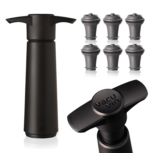 Vacu Vin Wine Saver Pump Black with Vacuum Wine Stopper - Keep Your Wine Fresh for up to 10 Days - 1 Pump 6 Stoppers - Reusable - Made in the Netherlands