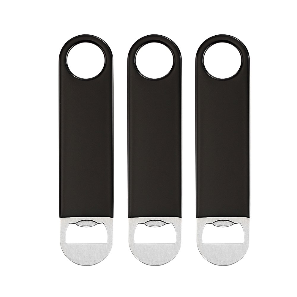 QLL 3 Pack 7" Speed Openers, Heavy Duty Stainless Steel Flat Beer Bottle Opener, Black Rubber Coated Bottle Opener Bartender