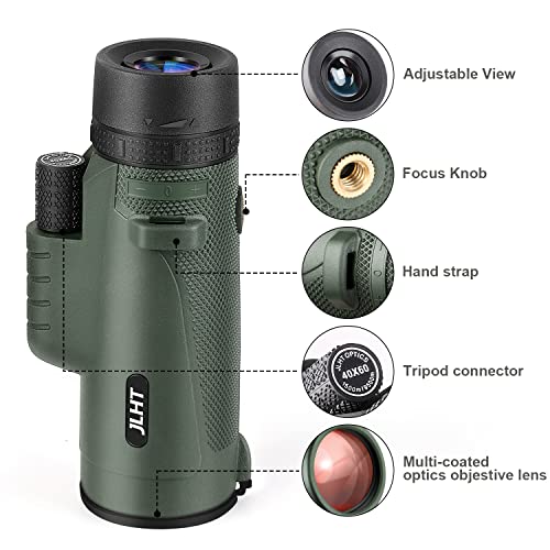 JLHT 40X60 Monocular Telescope High Power Monocular for Adults with Phone Adapter& Tripod& Hand Strap Low Night Vision Monocular Equipped with BAK4 Prism for Bird Watching Hunting Traveling Concert