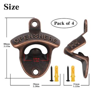 4 Pcs Bottle Opener Wall Mounted, Antique Metal Beer Bottle Top Openers Hardware With Mount Screws Set, Outdoor, Rustic, Cabinet, Bar (Vintage-Red bronze)