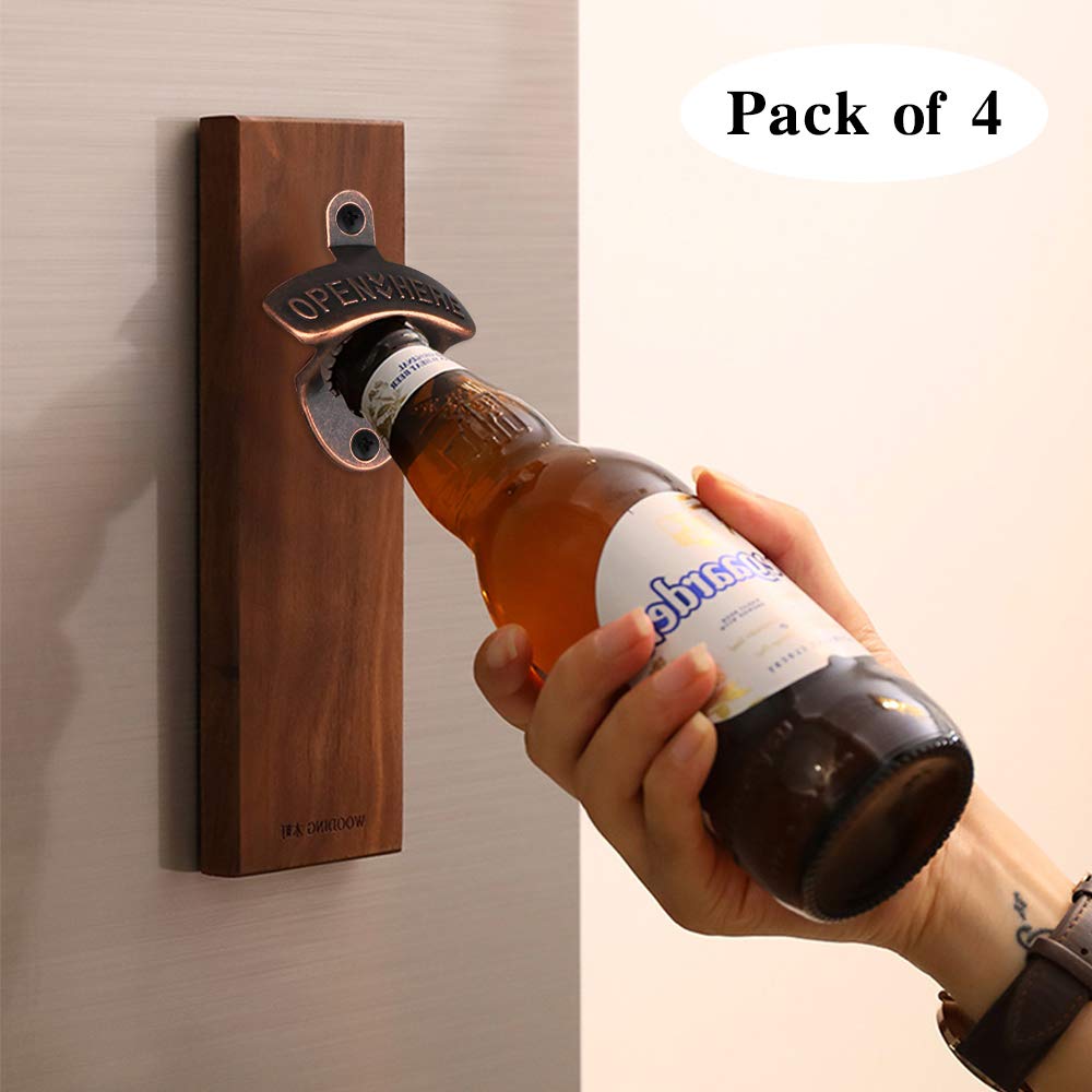 4 Pcs Bottle Opener Wall Mounted, Antique Metal Beer Bottle Top Openers Hardware With Mount Screws Set, Outdoor, Rustic, Cabinet, Bar (Vintage-Red bronze)