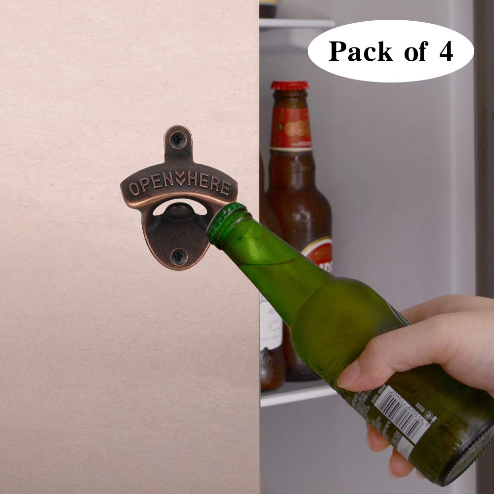 4 Pcs Bottle Opener Wall Mounted, Antique Metal Beer Bottle Top Openers Hardware With Mount Screws Set, Outdoor, Rustic, Cabinet, Bar (Vintage-Red bronze)