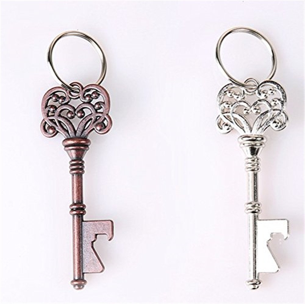 2pcs Key Shape Beer Bottle Opener Vintage Retro Keychain Key Ring Metal Bronze Silver Kitchen Party Bar Tool