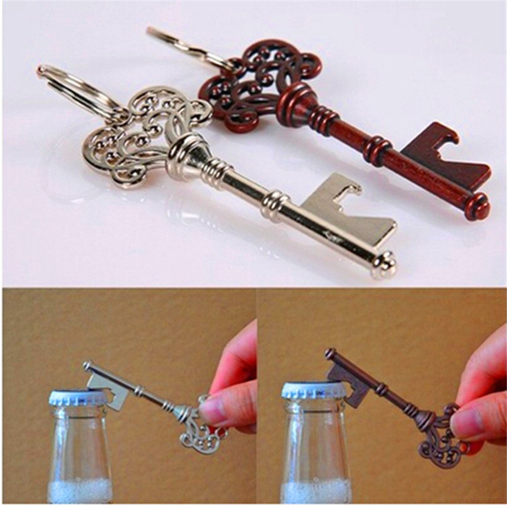 2pcs Key Shape Beer Bottle Opener Vintage Retro Keychain Key Ring Metal Bronze Silver Kitchen Party Bar Tool