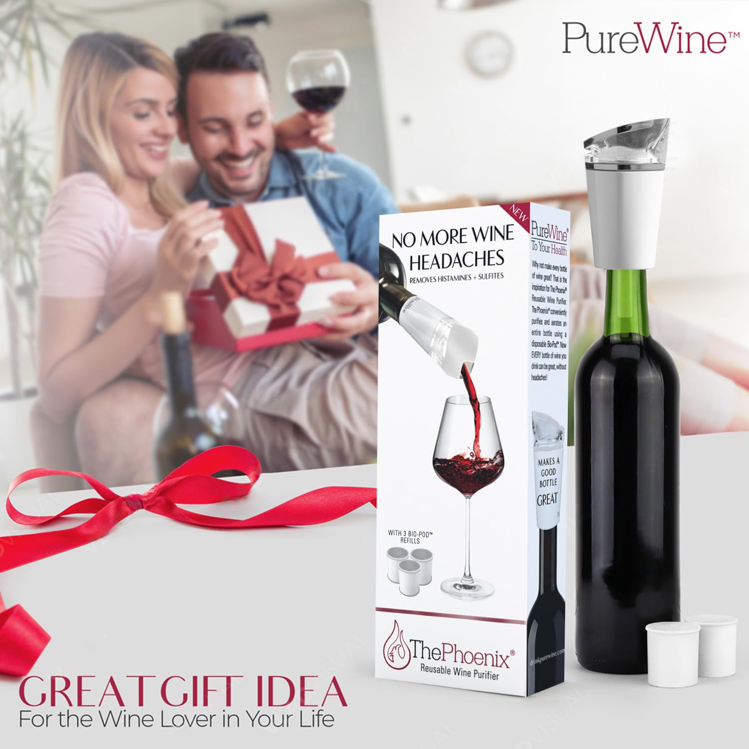 PureWine Phoenix Wine Purifier Removes Histamines & Sulfites, Reusable Wine Filter Aerates & Restores Taste - Starter Kit