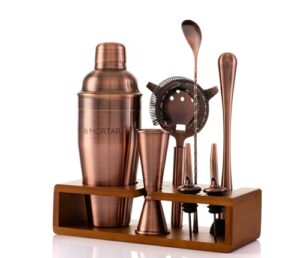mint & mortar cocktail shaker set, 7-piece bartender kit with stand, 24oz martini shaker bottle stainless steel bar tools, home bar accessories drink mixer, barware gift set - brushed copper