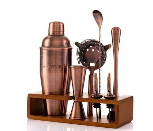 Mint & Mortar Cocktail Shaker Set, 7-Piece Bartender Kit with Stand, 24oz Martini Shaker Bottle Stainless Steel Bar Tools, Home Bar Accessories Drink Mixer, Barware Gift Set - Brushed Copper