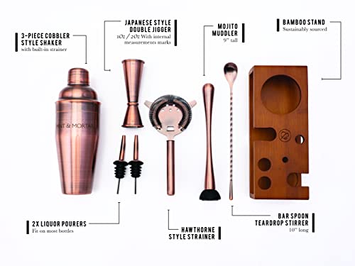 Mint & Mortar Cocktail Shaker Set, 7-Piece Bartender Kit with Stand, 24oz Martini Shaker Bottle Stainless Steel Bar Tools, Home Bar Accessories Drink Mixer, Barware Gift Set - Brushed Copper