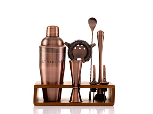Mint & Mortar Cocktail Shaker Set, 7-Piece Bartender Kit with Stand, 24oz Martini Shaker Bottle Stainless Steel Bar Tools, Home Bar Accessories Drink Mixer, Barware Gift Set - Brushed Copper