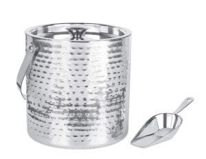 birdrock home ice bucket with scoop & lid - 2.8 liter hammered 18/8 stainless steel container for bar - double wall insulated bucket with carrying handle - great for parties - (silver)